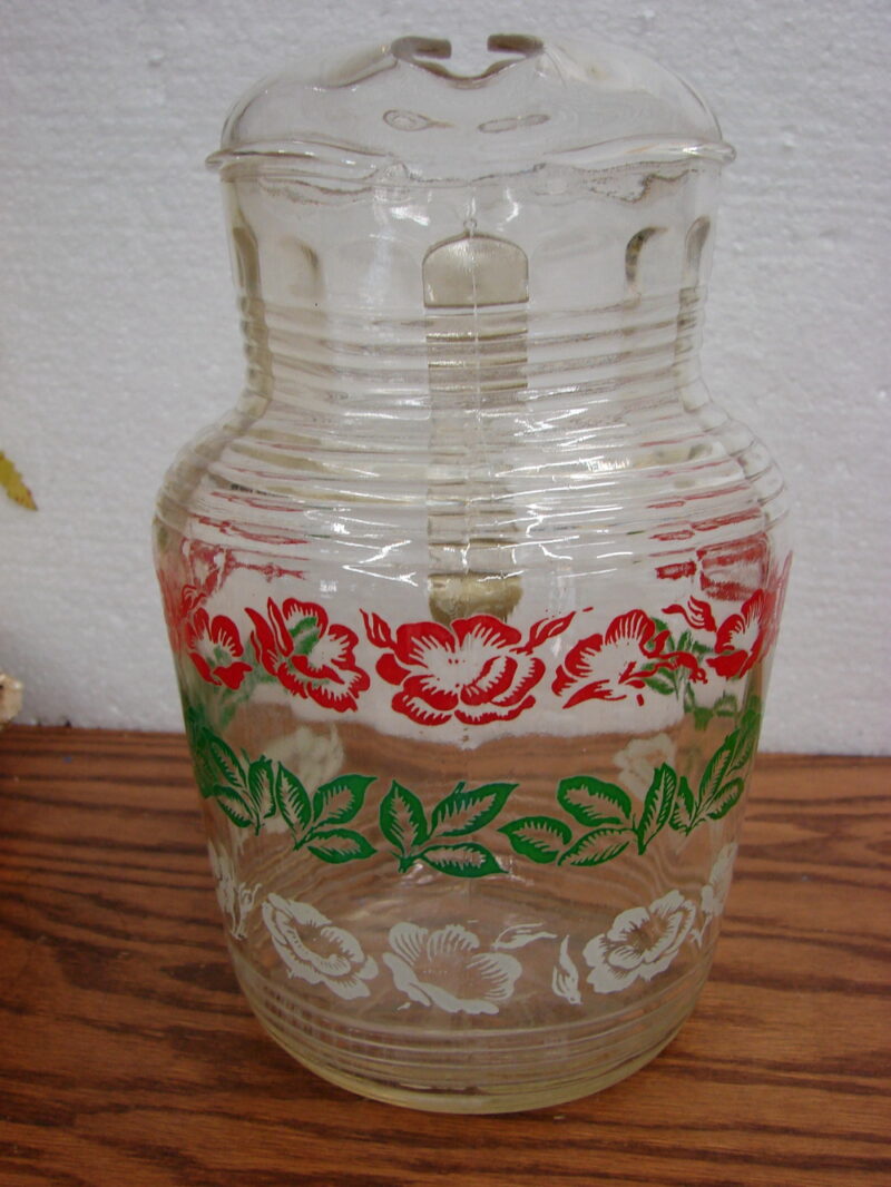 Vintage Hazel Atlas White Red Green Flowers Ribbed Ice Lip Pitcher, Moose-R-Us.Com Log Cabin Decor