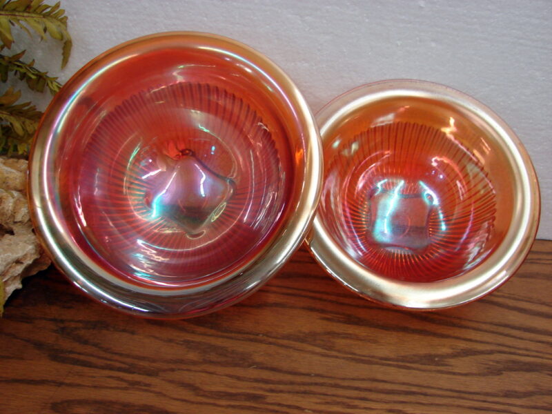 Vintage Federal Hazel Atlas Carnival Glass Rolled Rim Square Bottom Mixing Bowl Set/2, Moose-R-Us.Com Log Cabin Decor