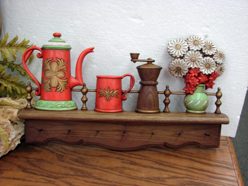 Vintage 1976 Syroco Burwood Products Teapots Pepper Mill Flower Wall Shelf, Moose-R-Us.Com Log Cabin Decor