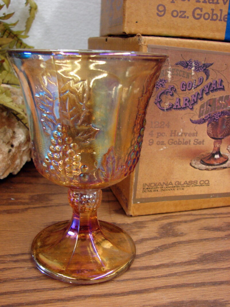 8 Vintage Indiana Glass Gold Carnival Harvest 9 Oz Goblet New in Box, Moose-R-Us.Com Log Cabin Decor