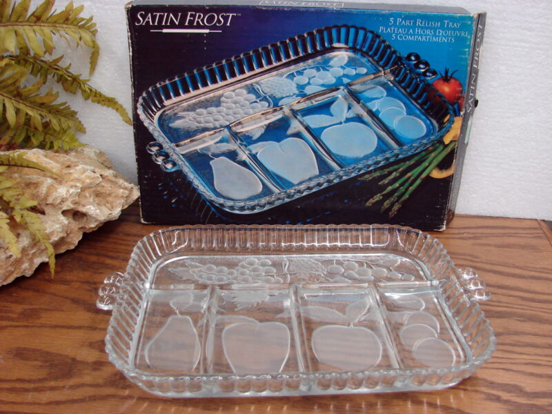 Vintage Indiana Glass Satin Frost 5 Part Relish Tray Brand New in Box, Moose-R-Us.Com Log Cabin Decor