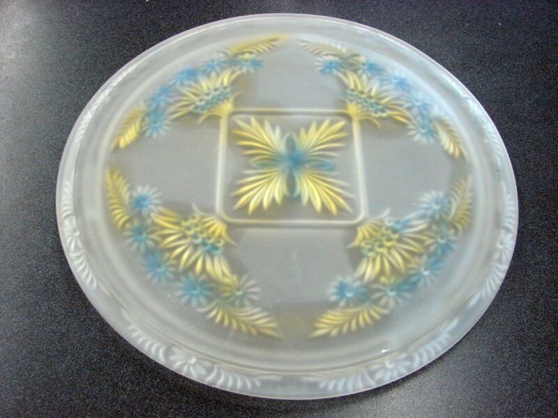 Vintage Indiana Glass Satin Yellow Blue Cake Serving Platter, Moose-R-Us.Com Log Cabin Decor