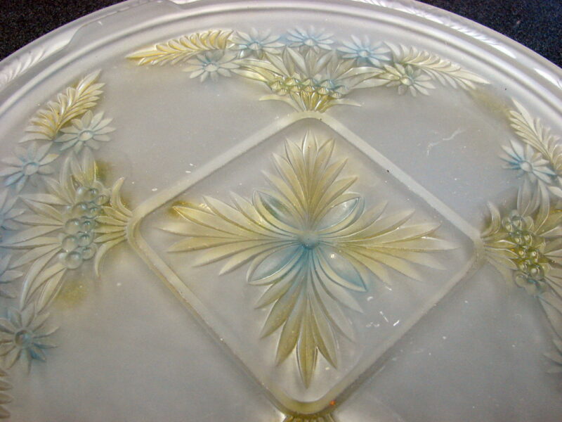 Vintage Indiana Glass Satin Yellow Blue Cake Serving Platter, Moose-R-Us.Com Log Cabin Decor