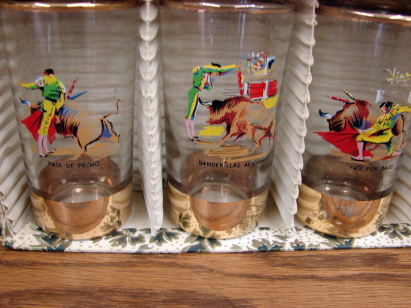 Set/6 Vintage Hand Painted Gold Trim Spain Mexico Bullfighter Shot Glass Set, Moose-R-Us.Com Log Cabin Decor