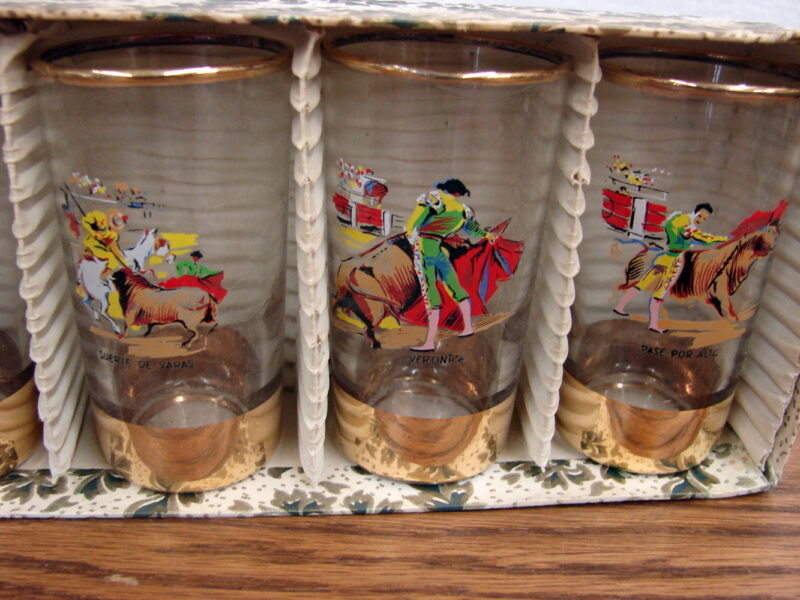 Set/6 Vintage Hand Painted Gold Trim Spain Mexico Bullfighter Shot Glass Set, Moose-R-Us.Com Log Cabin Decor