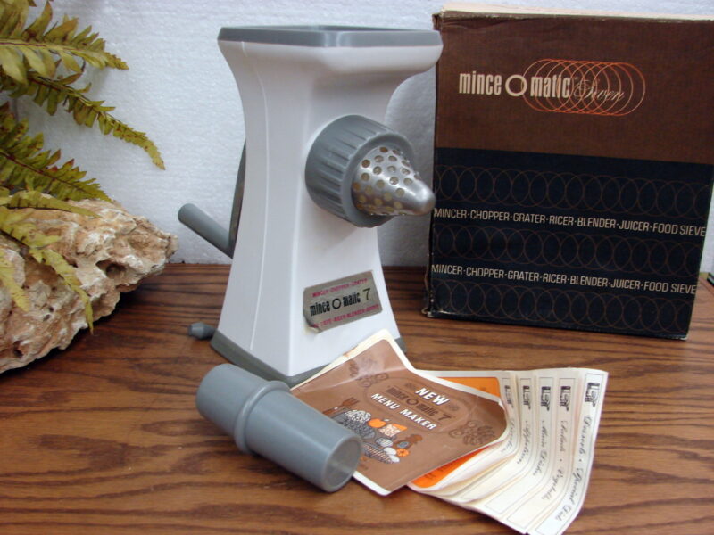 Vintage Mince-O-Matic 7 Mincer Chopper Grater Ricer Blender in Box, Moose-R-Us.Com Log Cabin Decor