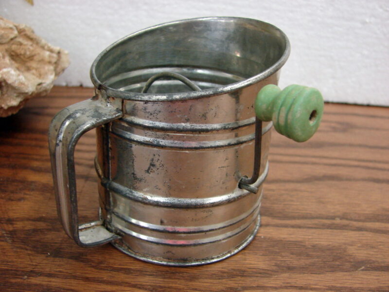 Vintage Metal Miniature Flour Sifter Green Wooden Knob, Moose-R-Us.Com Log Cabin Decor