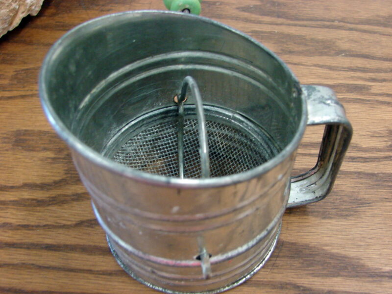 Vintage Metal Miniature Flour Sifter Green Wooden Knob, Moose-R-Us.Com Log Cabin Decor