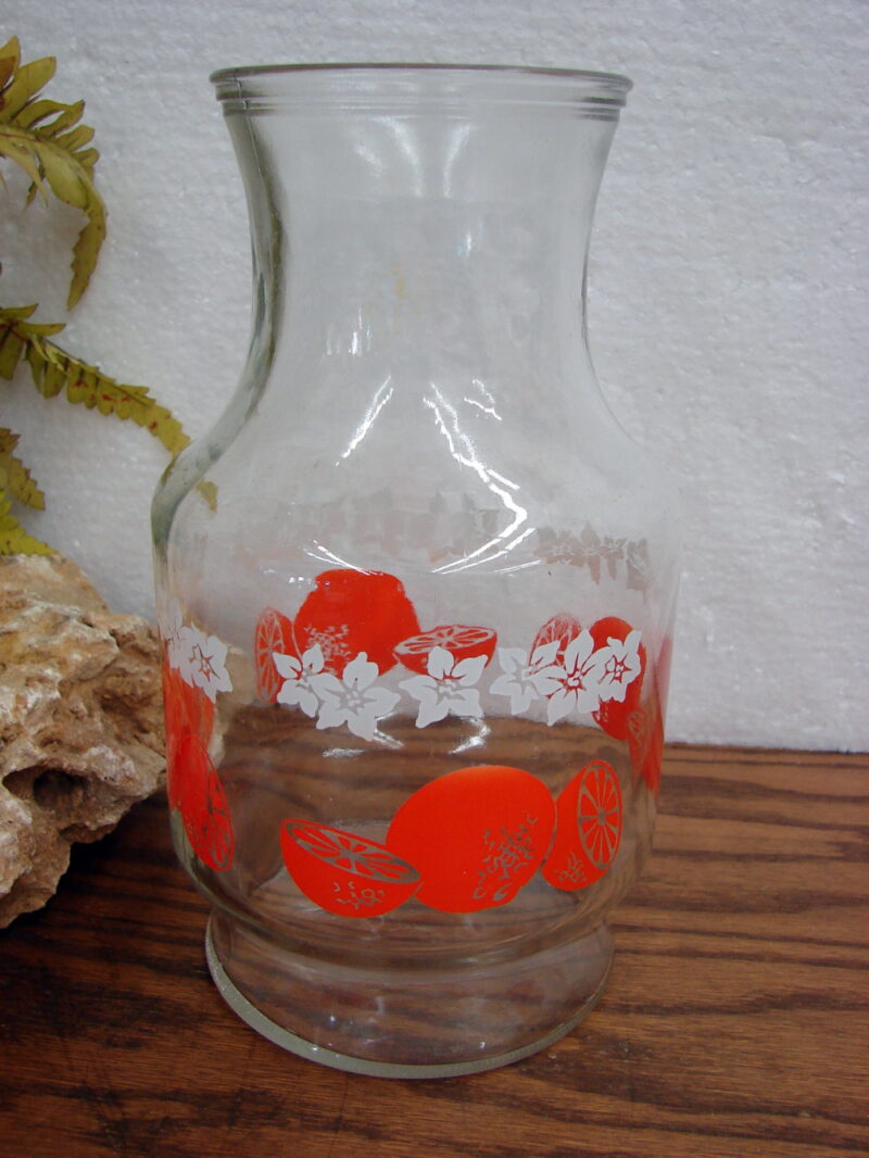 Vintage Retro Anchor Hocking Orange White Flower Juice Milk Carafe Decanter, Moose-R-Us.Com Log Cabin Decor