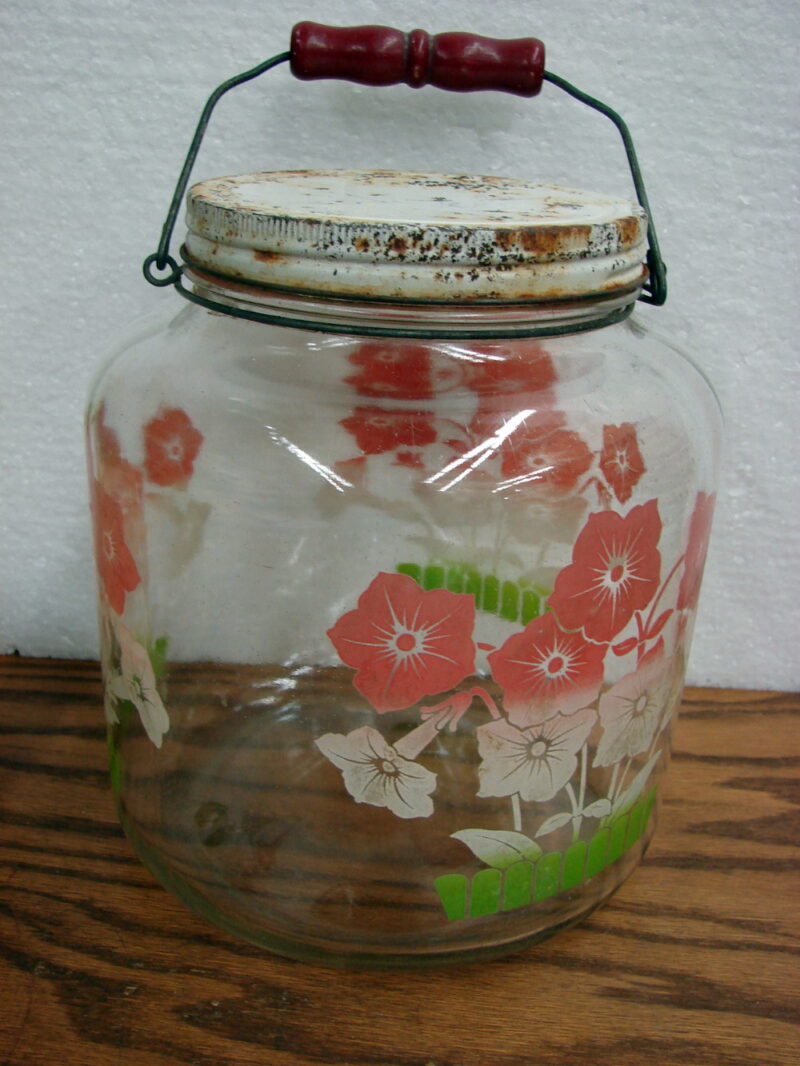 Vintage Hazel Atlas Bail Handle Jar w/ Lid Painted Pink White Flowers, Moose-R-Us.Com Log Cabin Decor