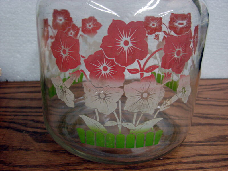 Vintage Hazel Atlas Bail Handle Jar w/ Lid Painted Pink White Flowers, Moose-R-Us.Com Log Cabin Decor