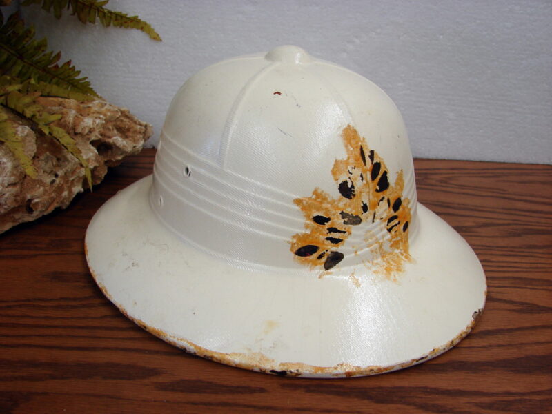 Vintage Fiber Pith Helmet Army Prop Costume Hat White Design Green Inside, Moose-R-Us.Com Log Cabin Decor