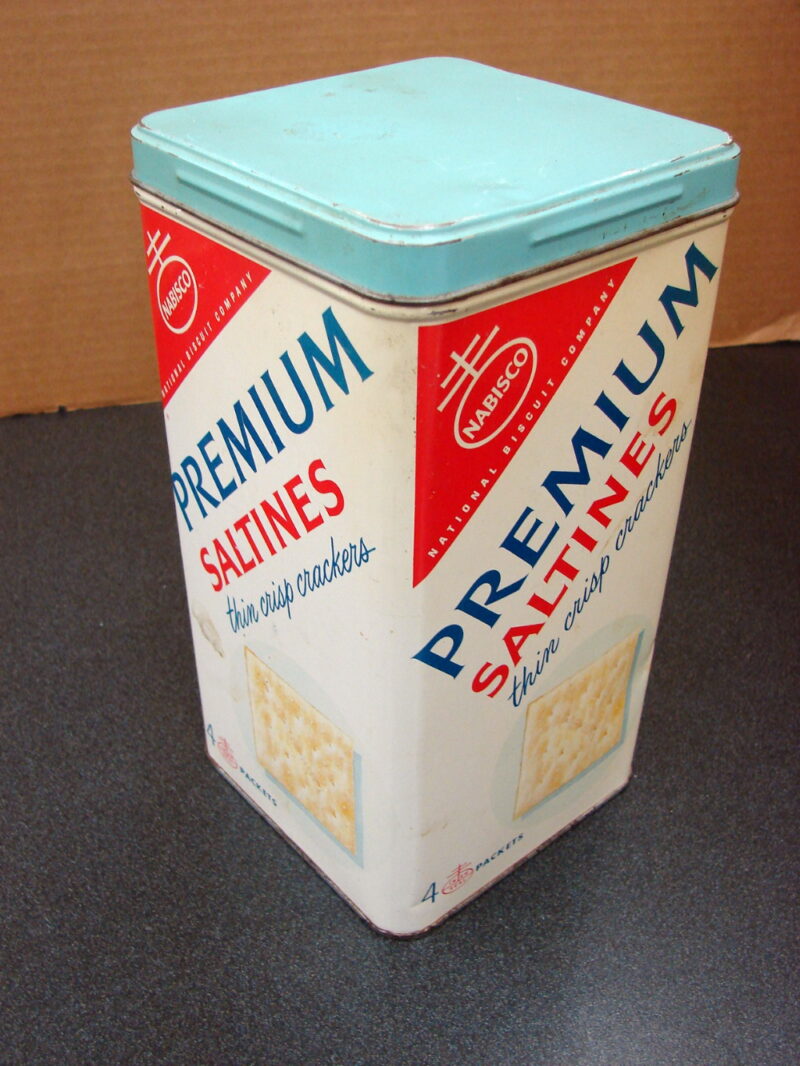 Unusual Vintage Nabisco Premium Saltine Cracker Tin Canister, Moose-R-Us.Com Log Cabin Decor