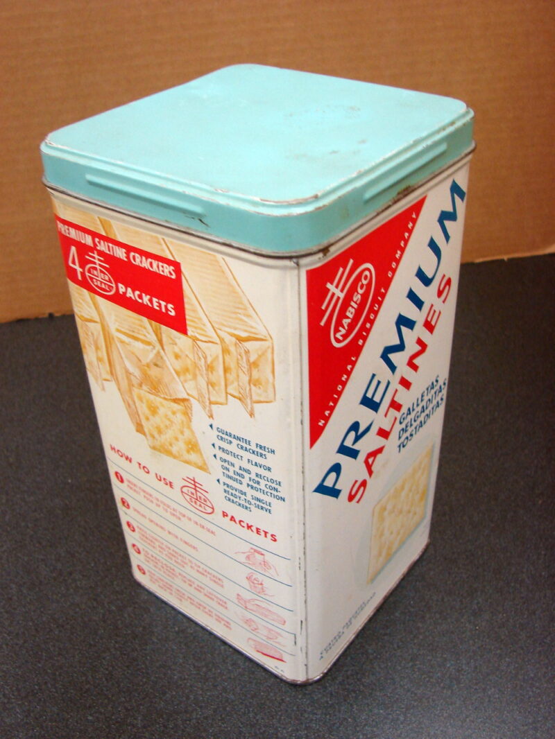 Unusual Vintage Nabisco Premium Saltine Cracker Tin Canister, Moose-R-Us.Com Log Cabin Decor