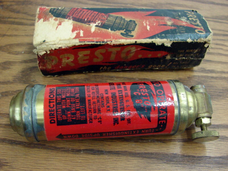 Vintage Brass Presto CB Fire Extinguisher for Motorcycles w/ Box, Moose-R-Us.Com Log Cabin Decor