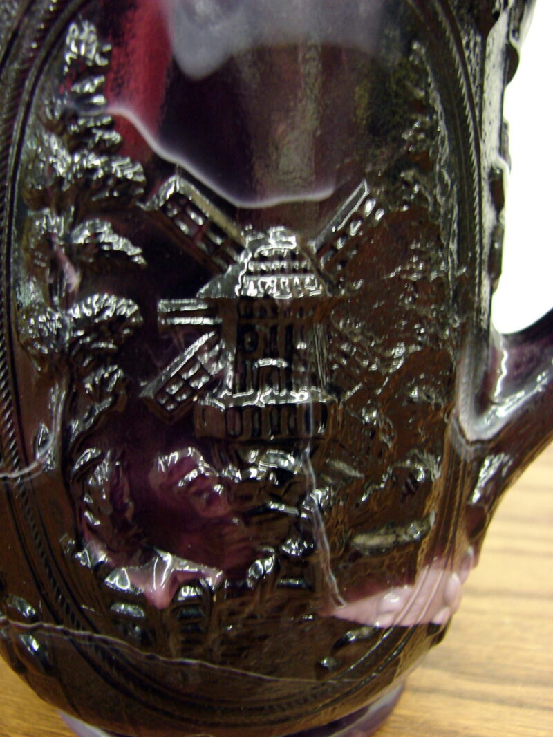 Vintage Imperial Slag Glass Marbeled Windmill Dutch Scene Pitcher, Moose-R-Us.Com Log Cabin Decor