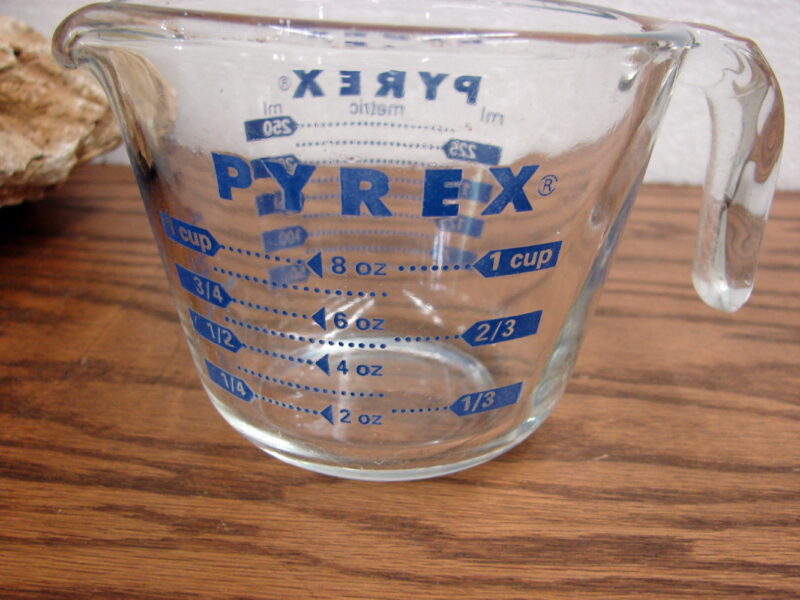 Vintage PYREX 1 Cup Blue Lettering Glass Measuring Cup, Moose-R-Us.Com Log Cabin Decor