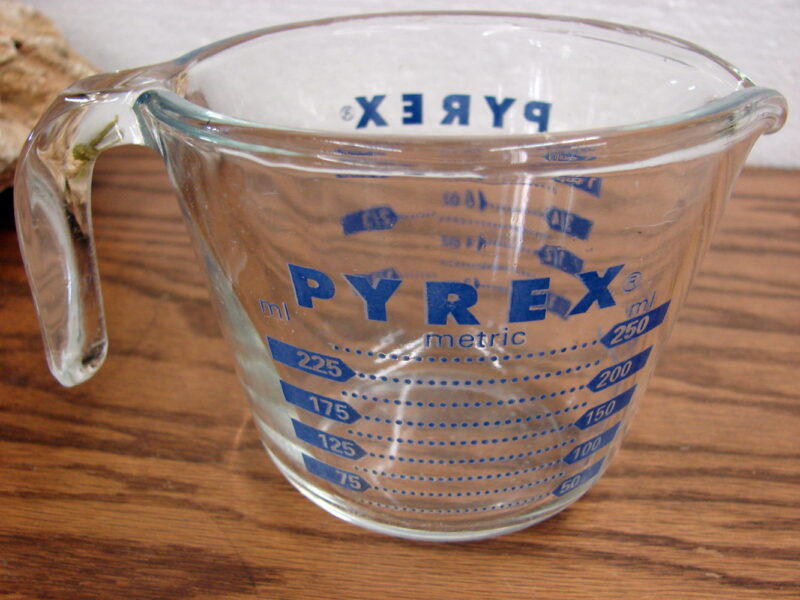 Vintage PYREX 1 Cup Blue Lettering Glass Measuring Cup, Moose-R-Us.Com Log Cabin Decor