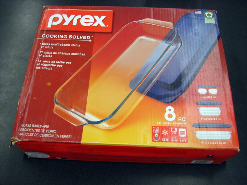 Newer Pyrex Boxed 8 Pc Cooking Solved Bake and Store Glass Bakeware Storage Lids, Moose-R-Us.Com Log Cabin Decor