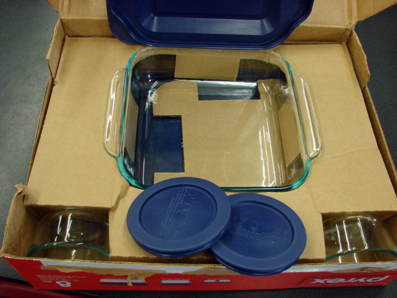 Newer Pyrex Boxed 8 Pc Cooking Solved Bake and Store Glass Bakeware Storage Lids, Moose-R-Us.Com Log Cabin Decor