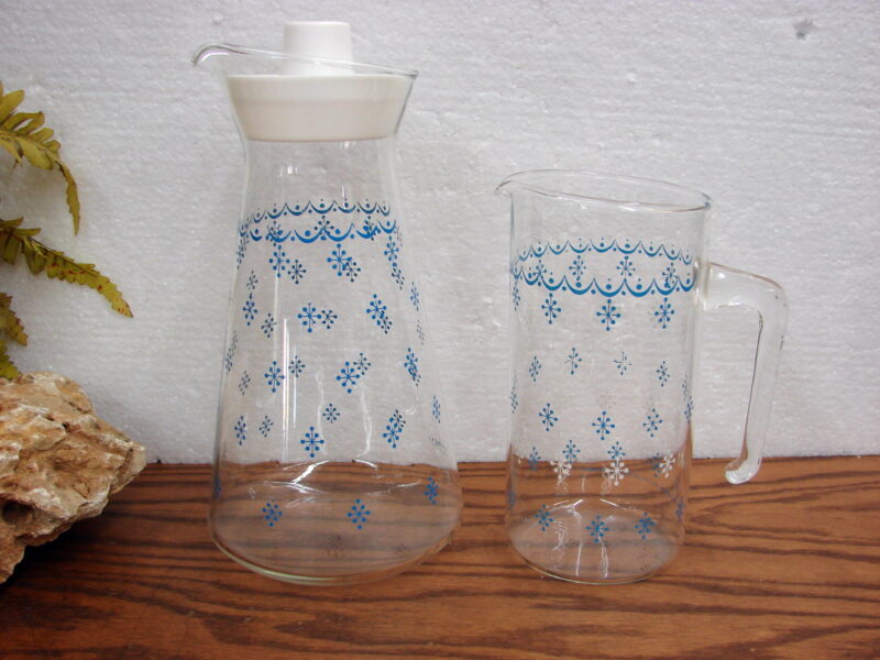 Vintage PYREX Blue Snowflake Garland Carafe w/ Lid and Blown Glass Pitcher, Moose-R-Us.Com Log Cabin Decor