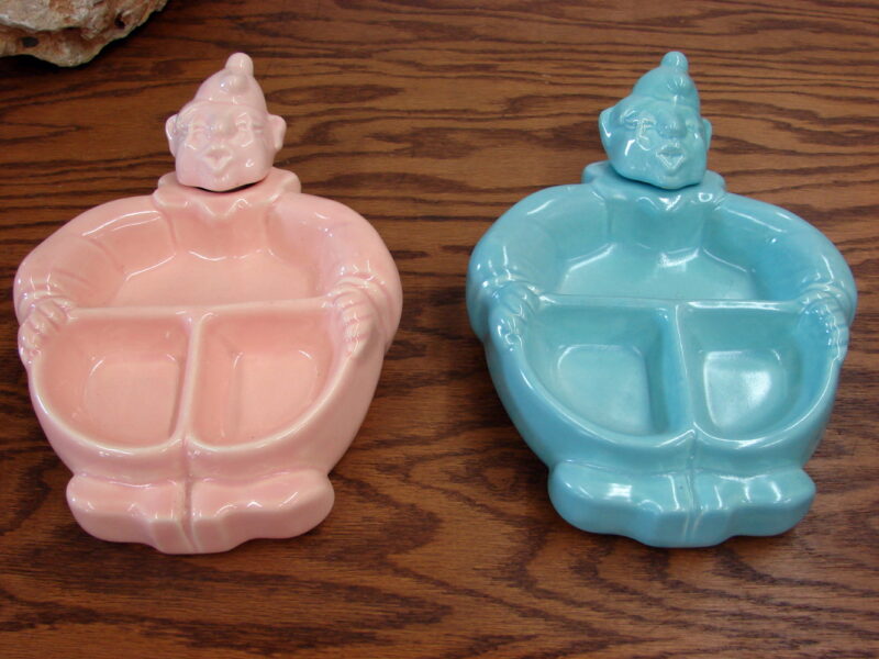 Vintage Red Wing Pottery Hankscraft Clown Baby Food Warming Dish Set/2 Pink Blue, Moose-R-Us.Com Log Cabin Decor