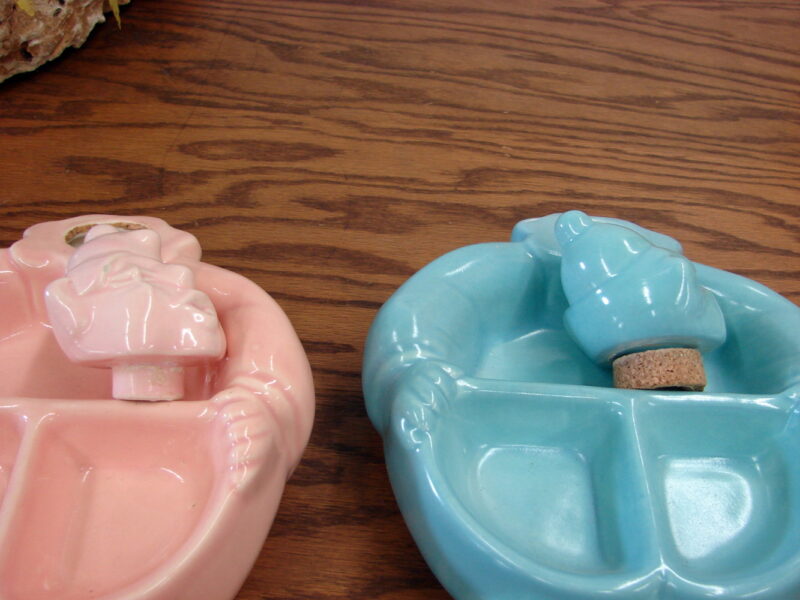 Vintage Red Wing Pottery Hankscraft Clown Baby Food Warming Dish Set/2 Pink Blue, Moose-R-Us.Com Log Cabin Decor