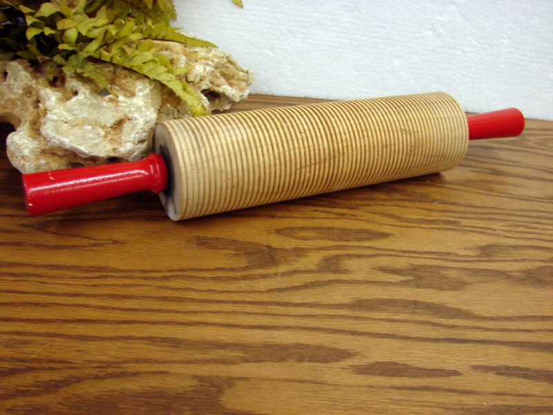 Vintage Swedish Wood Rolling Pin Red Handles Ribbed Lefse Pastry, Moose-R-Us.Com Log Cabin Decor