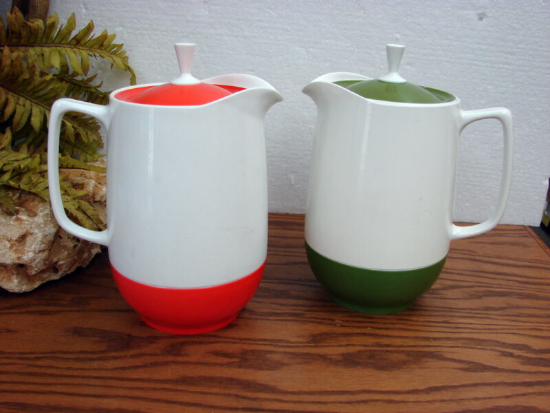 Set/2 Vintage Thermos King Seeley Orange and Olive Green with White Pitcher, Moose-R-Us.Com Log Cabin Decor