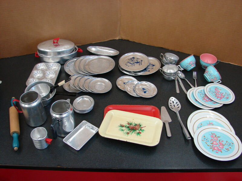 56 Pc Lot Vintage Toy Dishes Pots Pans Trays Tin Metal Childs Toys, Moose-R-Us.Com Log Cabin Decor