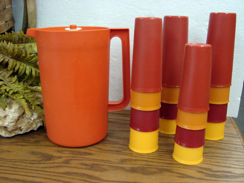 Vintage Tupperware Harvest Orange 1 Gallon #1416 Pitcher w/ 16 Pc Tumblers Set, Moose-R-Us.Com Log Cabin Decor