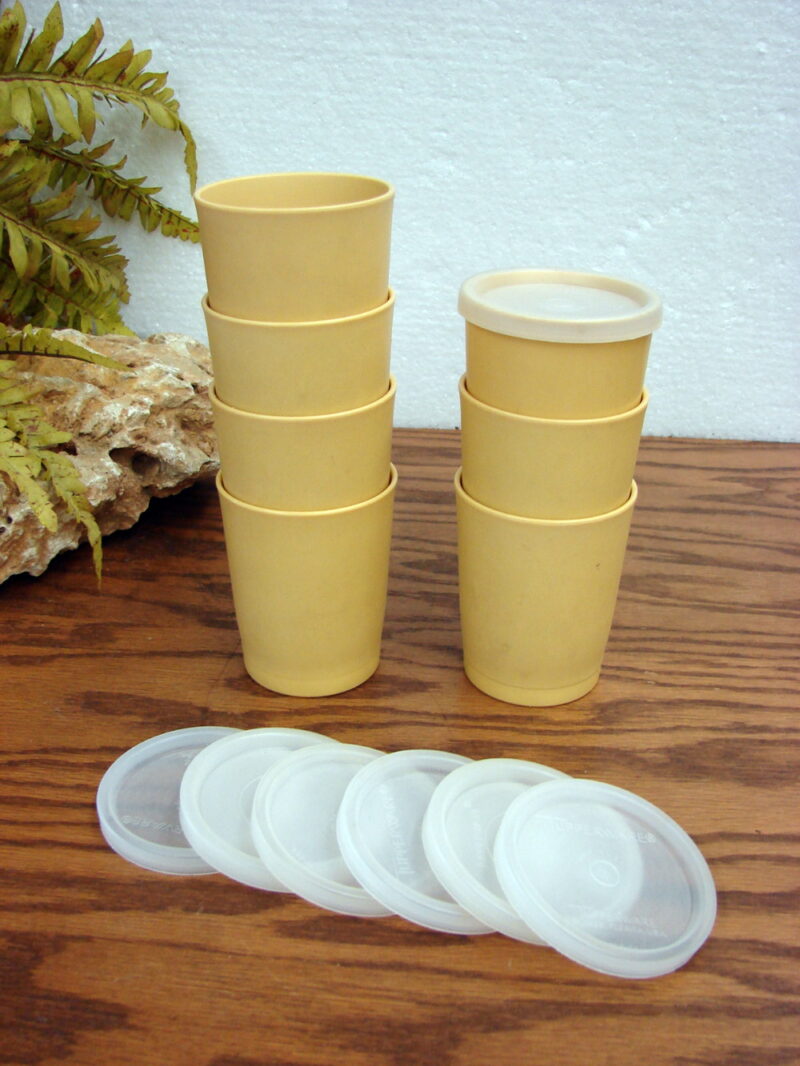 Vintage Tupperware Set/7 Harvest Gold 6 oz Juice Tumblers w/ Lids, Moose-R-Us.Com Log Cabin Decor