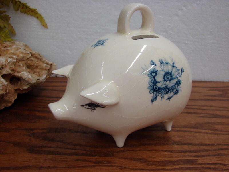 Vintage Pretty Piggy Bank Porcelain No Hole Blue Delft Design Top Handle, Moose-R-Us.Com Log Cabin Decor