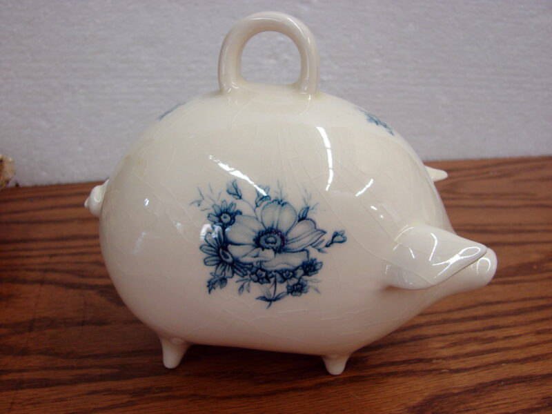 Vintage Pretty Piggy Bank Porcelain No Hole Blue Delft Design Top Handle, Moose-R-Us.Com Log Cabin Decor