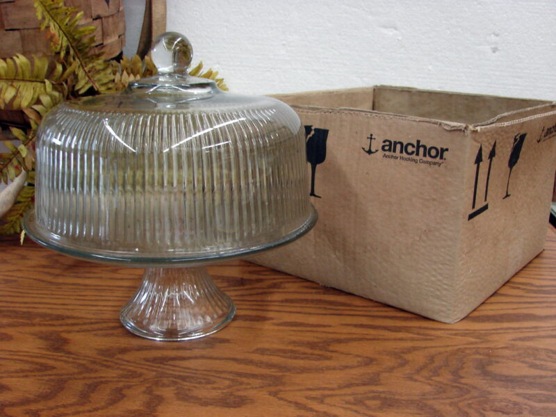 Vintage Anchor Hocking Monaco Clear Glass Ribbed Cake Stand Dome Punch Bowl, Moose-R-Us.Com Log Cabin Decor