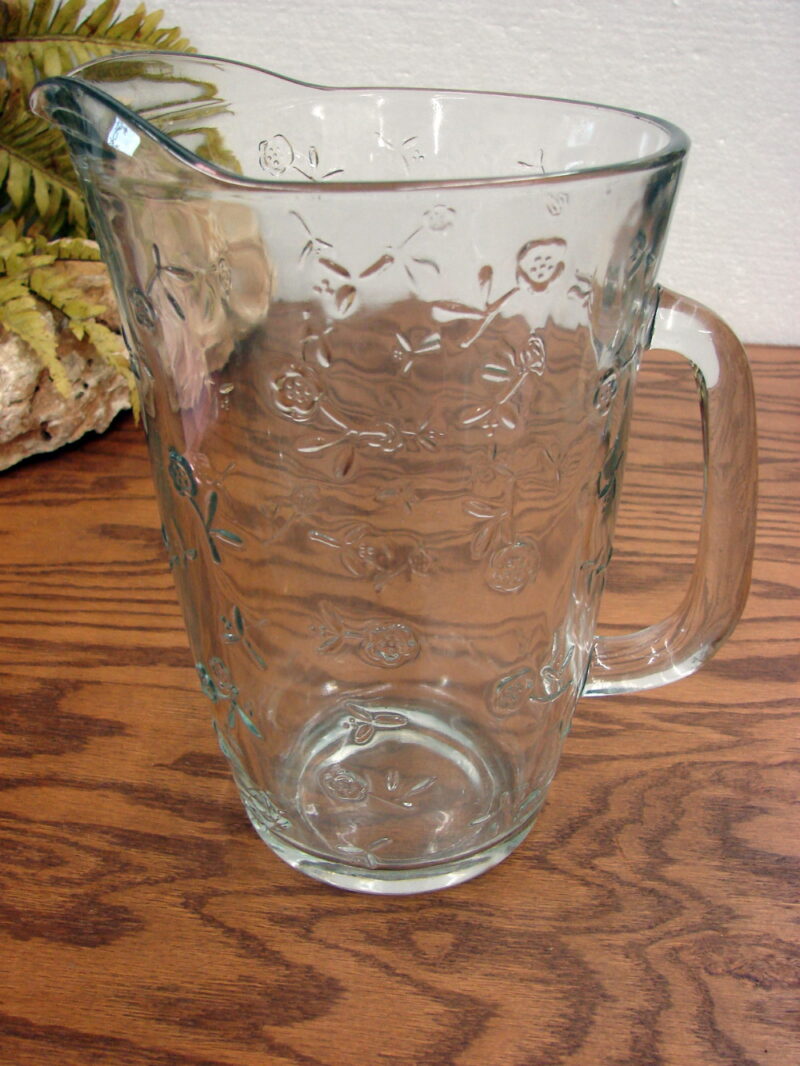 Anchor Hocking Savannah Clear Glass Pitcher Embossed Rose Flower, Moose-R-Us.Com Log Cabin Decor