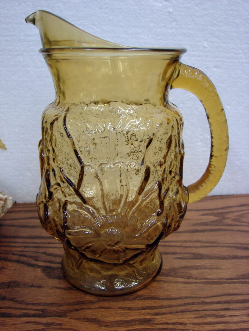 Vintage Anchor Hocking Amber Rain Flower Hibiscus Sunflower Pitcher, Moose-R-Us.Com Log Cabin Decor