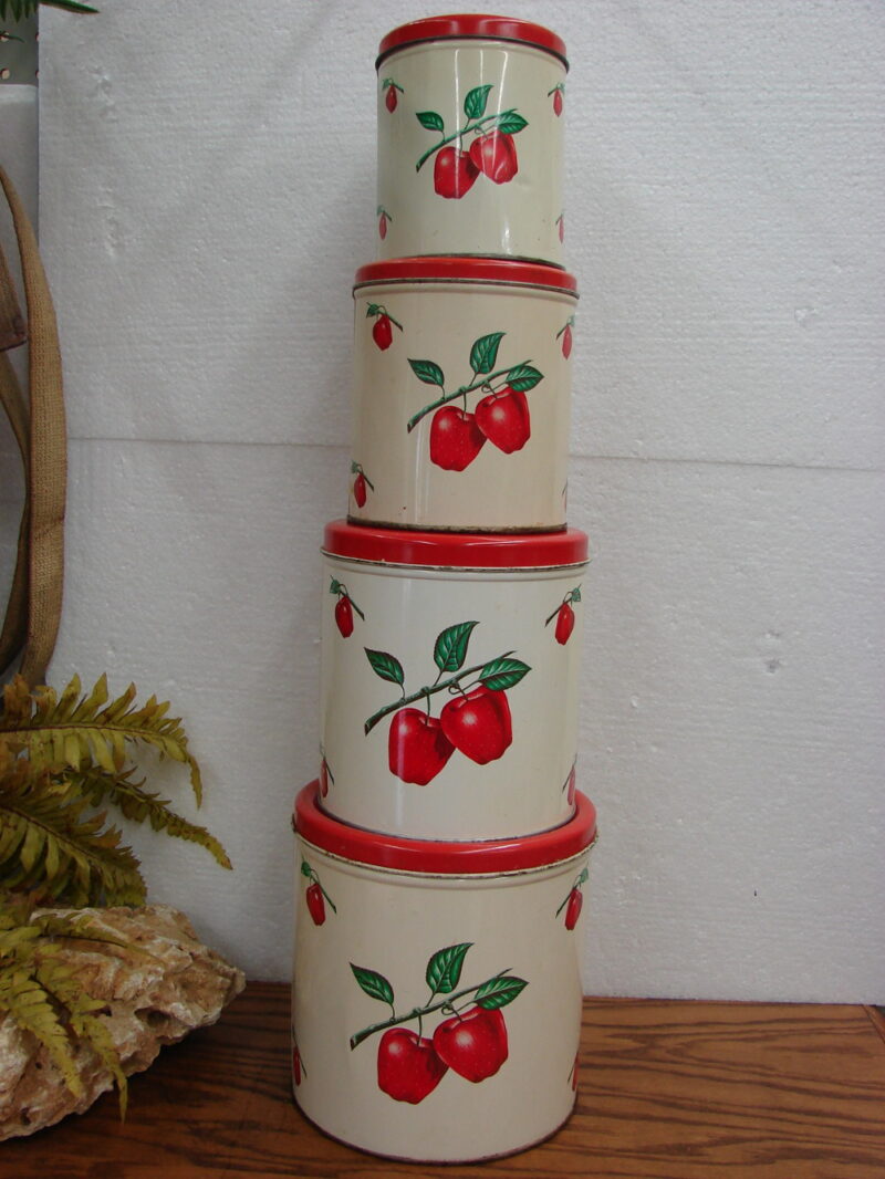 Vintage  4 pc Tin Canister Set Decoware Red Apple 1950&#8217;s, Moose-R-Us.Com Log Cabin Decor