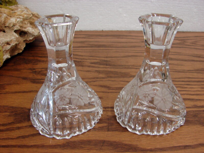 Vintage Clear Crystal Set/2 Short Etched Flower Vine Candle Sticks Holders, Moose-R-Us.Com Log Cabin Decor