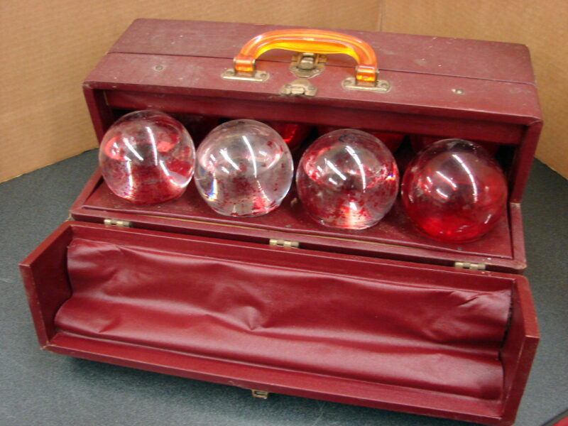 Antique Sales Case/8 Red Comet Original Automatic Glass Ball Fire Extinguisher, Moose-R-Us.Com Log Cabin Decor