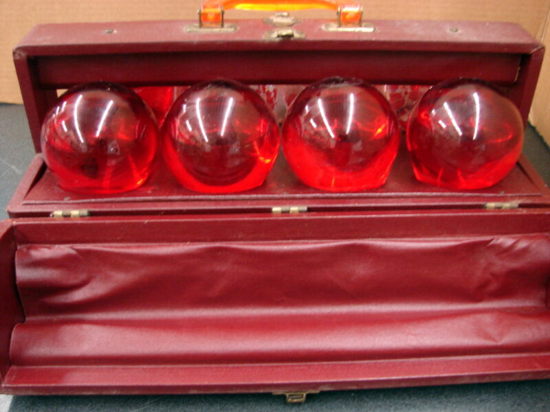 Antique Sales Case/8 Red Comet Original Automatic Glass Ball Fire Extinguisher, Moose-R-Us.Com Log Cabin Decor