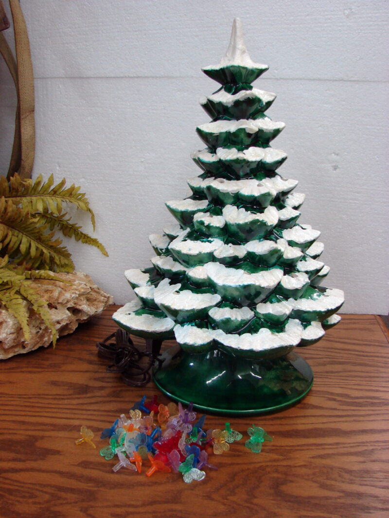 Vintage Ceramic Christmas Tree Snow Flocked Butterfly Lights 18&#8243;, Moose-R-Us.Com Log Cabin Decor