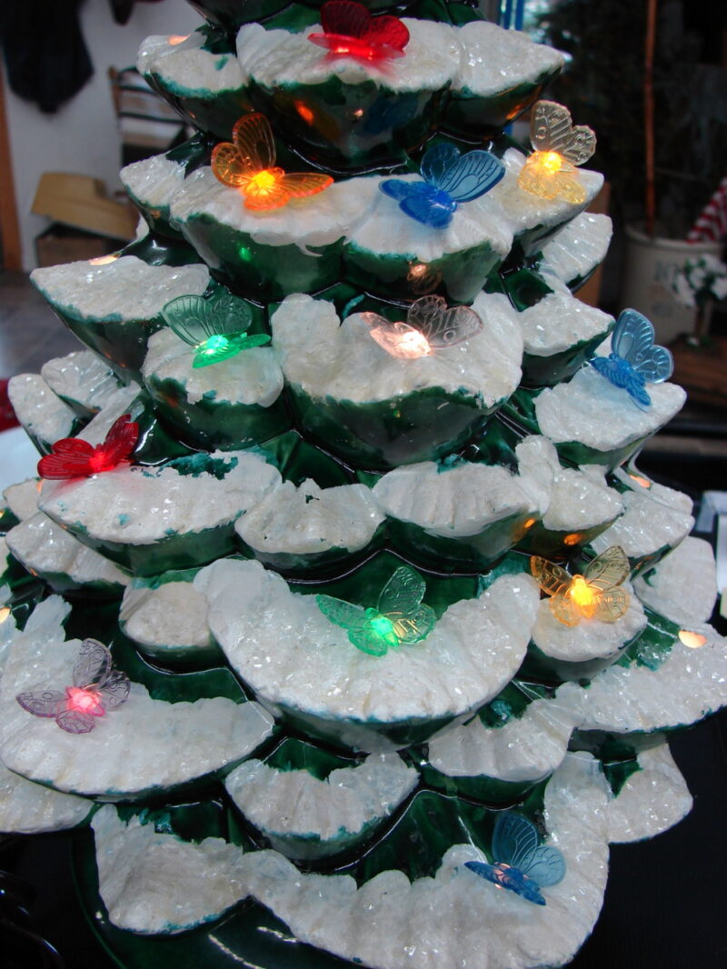 Vintage Ceramic Christmas Tree Snow Flocked Butterfly Lights 18&#8243;, Moose-R-Us.Com Log Cabin Decor