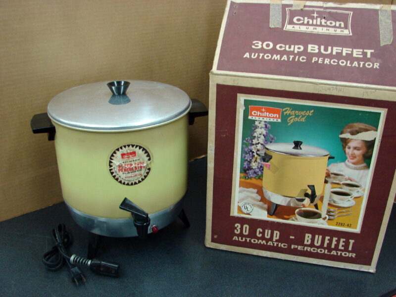 Vintage Harvest Gold Chilton 30 Cup Squat Space Saver Coffee Pot Percolator Box, Moose-R-Us.Com Log Cabin Decor