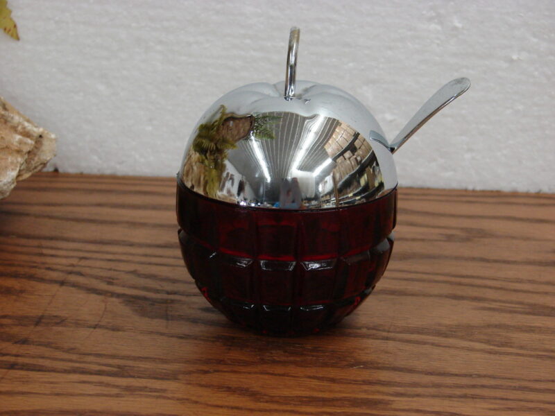 Vintage Ruby Cranberry Glass Apple Shape Jelly Jar w/ Spoon England, Moose-R-Us.Com Log Cabin Decor