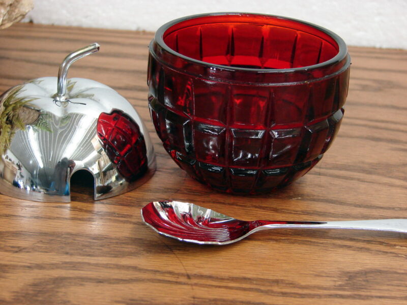 Vintage Ruby Cranberry Glass Apple Shape Jelly Jar w/ Spoon England, Moose-R-Us.Com Log Cabin Decor