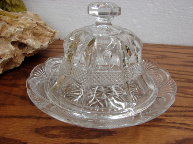 Vintage Crystal Dome Covered Butter Dish Round Clear Pressed Glass, Moose-R-Us.Com Log Cabin Decor