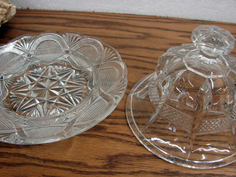 Vintage Crystal Dome Covered Butter Dish Round Clear Pressed Glass, Moose-R-Us.Com Log Cabin Decor