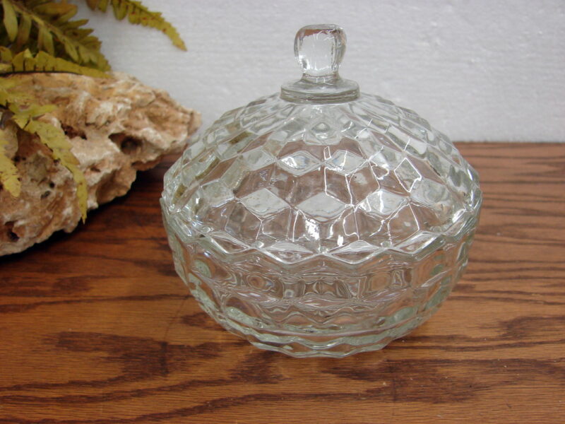 Vintage Crystal Fostoria American Cubist Round Ball Candy Dish w/ Lid, Moose-R-Us.Com Log Cabin Decor