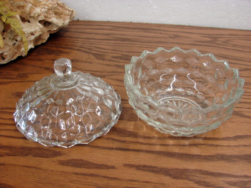 Vintage Crystal Fostoria American Cubist Round Ball Candy Dish w/ Lid, Moose-R-Us.Com Log Cabin Decor